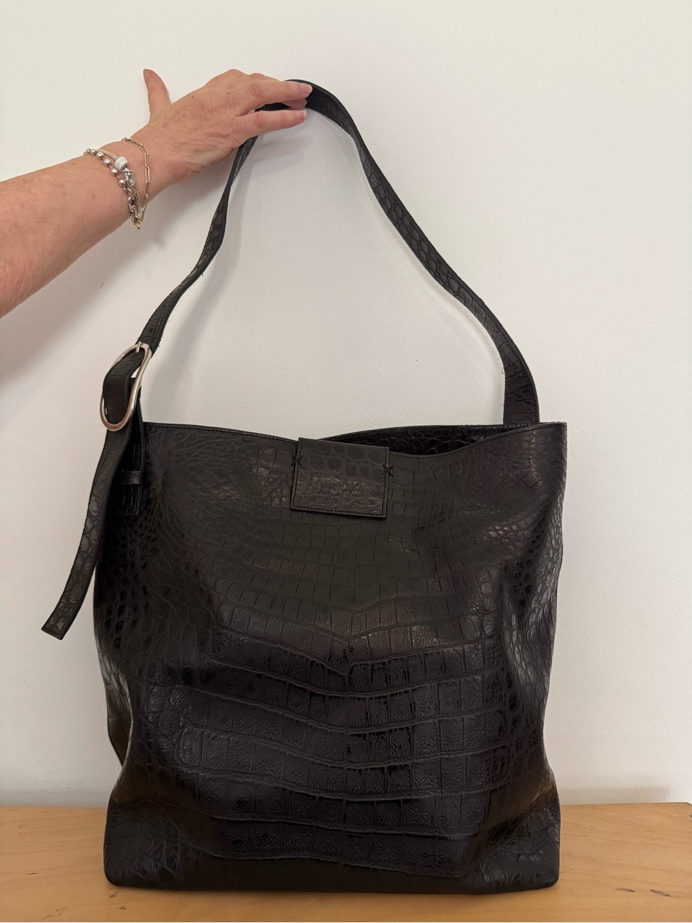 Mishka Argentina Black Croc Embossed Leather Shoulder Bag | Genuine Leather